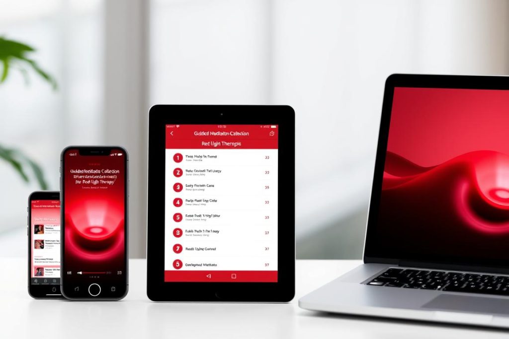 Collection of guided meditation tracks for red light therapy displayed on digital devices