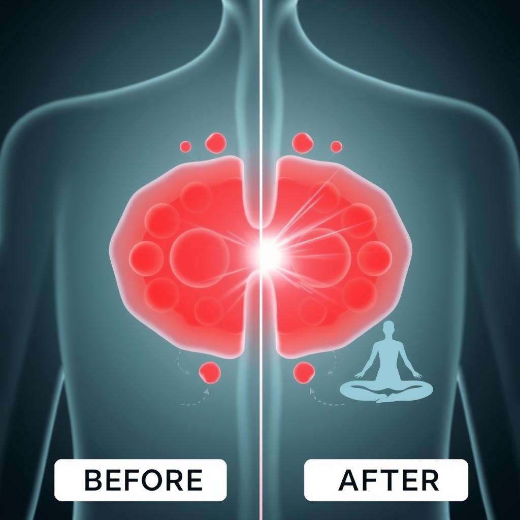 Illustration showing reduced inflammation markers during guided meditation with red light therapy