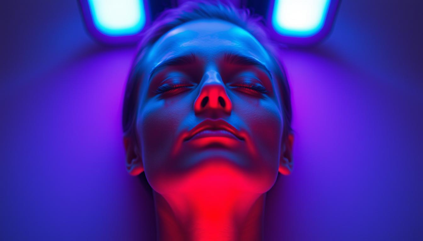 Person meditating during red light therapy session with a peaceful expression