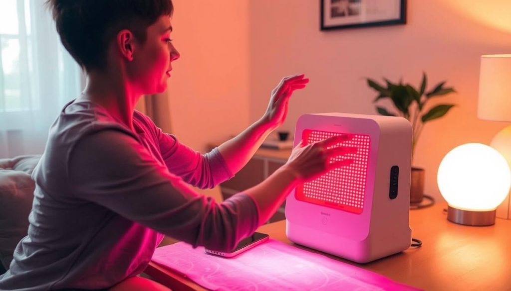 Person setting up a red light therapy device before meditation session