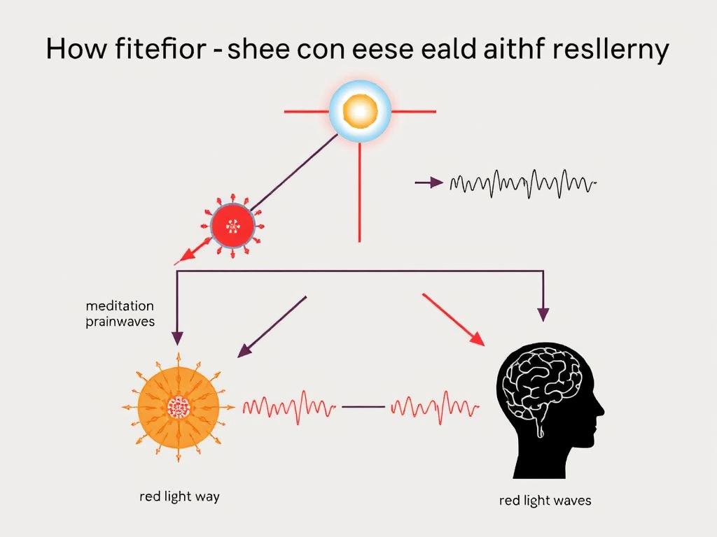Scientific diagram showing how meditation enhances red light therapy effects on cellular level