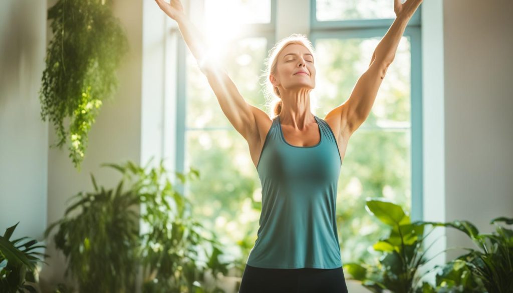 Woman practicing yoga poses for strength and balance