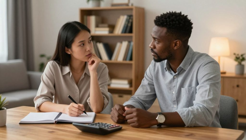 multicultural couple discussing money