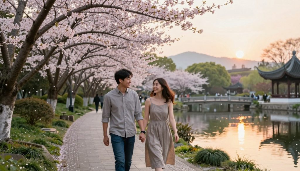 romantic couple walking in a Chinese park