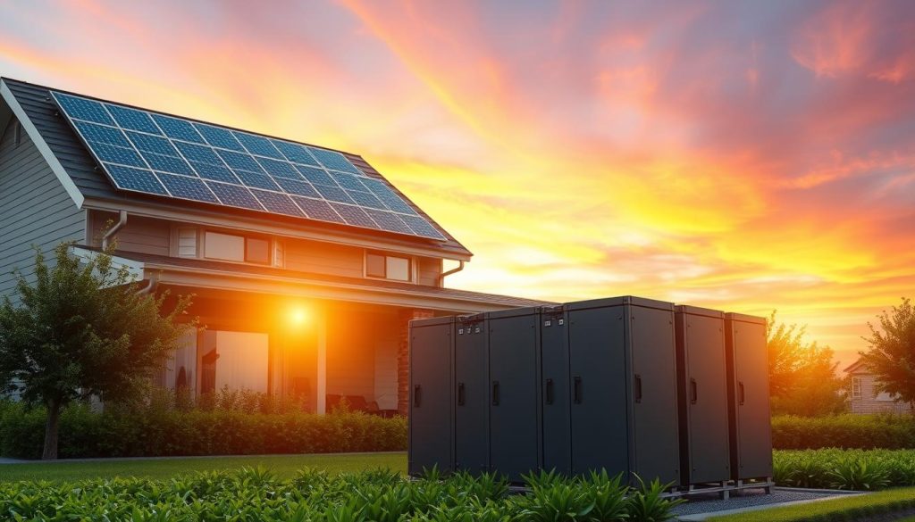 solar batteries storing daytime energy for evening use